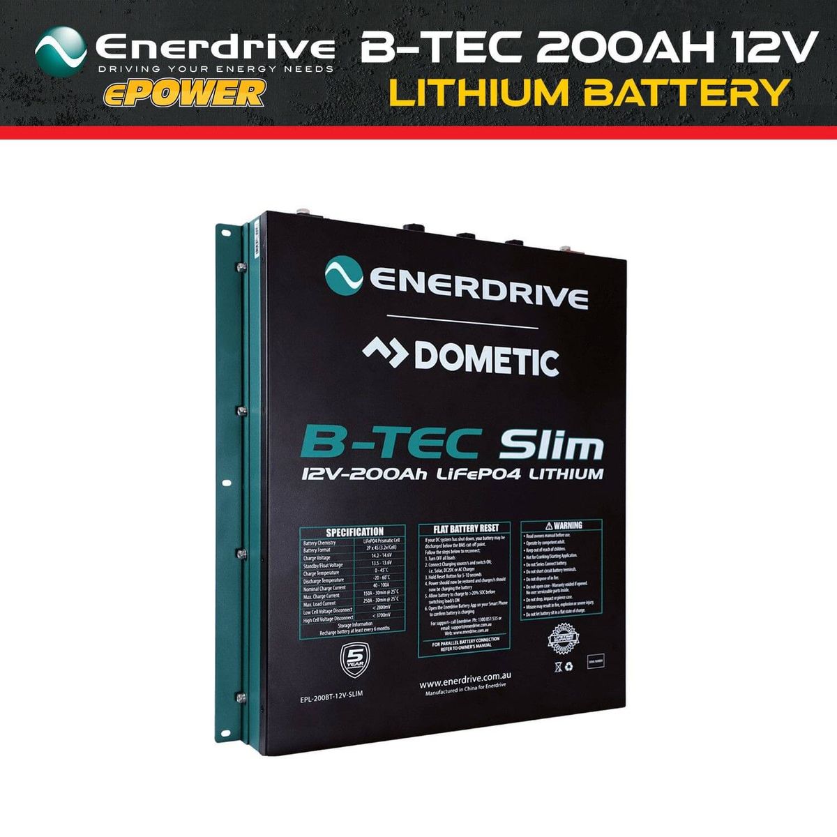 NEW 200Ah 12V DC ENERDRIVE B-TEC LiFePO4 Slimline Lithium Battery, Lithium  Batteries - REDFLEET