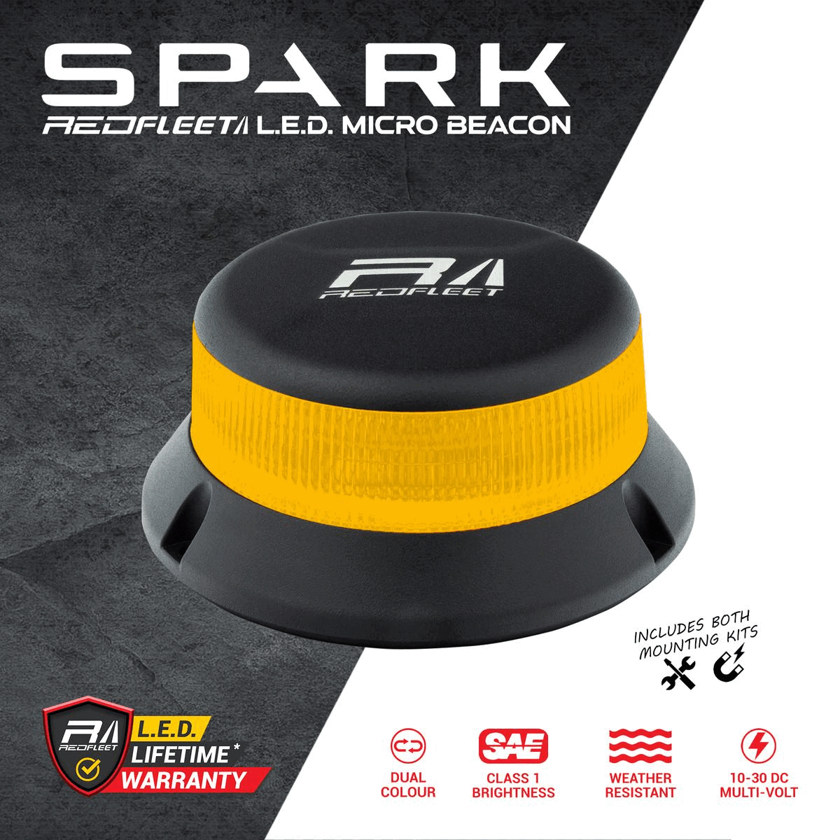 SPARK Series 32 L.E.D. AMBER + SAFETY YELLOW &quot;Dual-Colour&quot; Micro Beacon Flashing Rotating​ Light