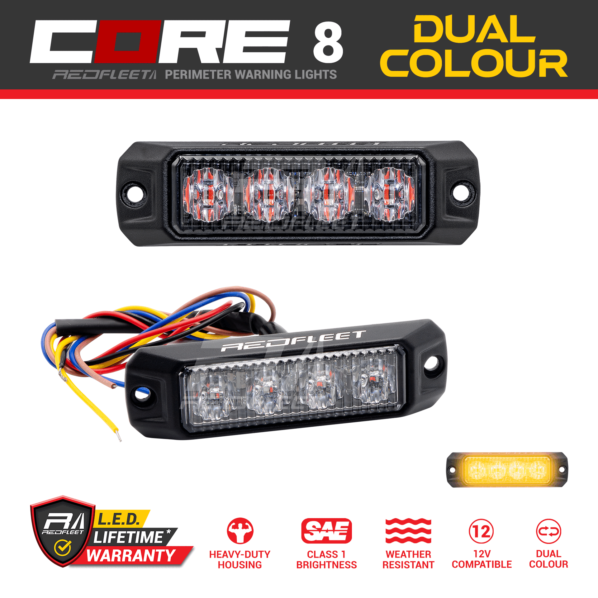 CORE 8 Dual-Color LED Surface Mount Vehicle Perimeter Warning Flashing Light Amber Red Blue Yellow