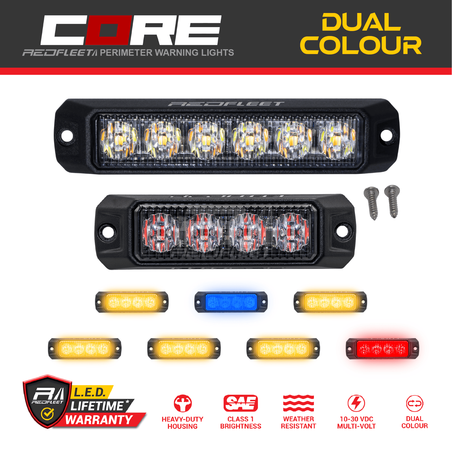 CORE Series Dual-Color LED Surface Mount Vehicle Perimeter Warning Flashing Light Amber Yellow