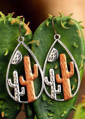 Western Hollow Out Cactus Water Drop Earrings - Silver