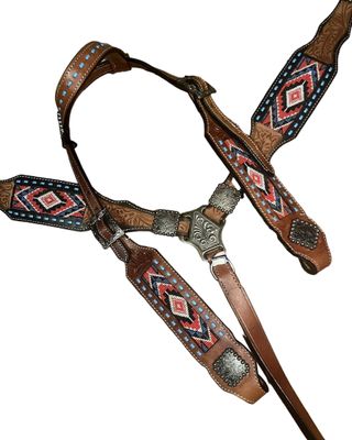 One eared bridle and breastplate set - Blue and red beading with blue buck stitching