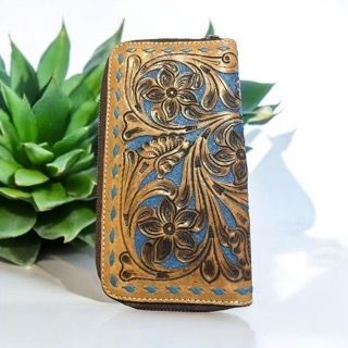 Ladies floral tooled leather wallet with blue inlay