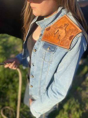 Denim Jacket with carved leather