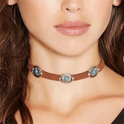 Women Leather Choker Turquoise Necklace
