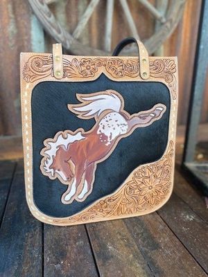 Bucking horse with cowhide inlay