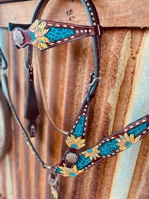 Sunflower with turquoise inlay bridle and breastplate set