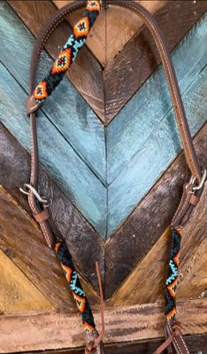 One eared leather and beaded bridles- orange Aztec