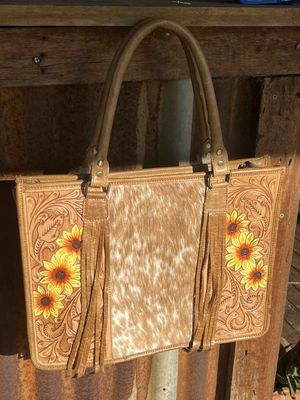 Sunflower tooled handbag with cowhide