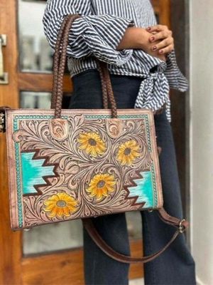 Tooled leather handbag with sunflower and Aztec