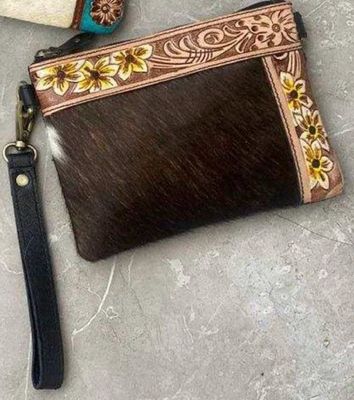 Floral tooling cowhide purse