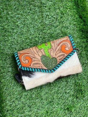 Tooled cactus wallet with cowhide