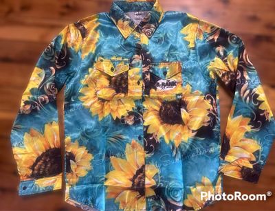 Ladies sunflower and leather tooled pattern arena shirt