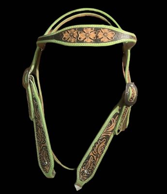 Leather full brow bridle- green PVC inlay