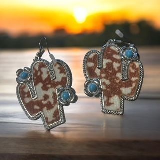 Cactus earrings with turquoise and cowhide print