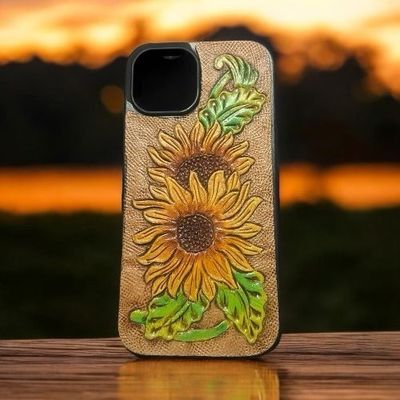 iPhone 15 case- leather tooled with sunflower&#039;s