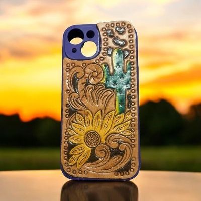 iPhone 15 case- Leather tooled cactus and sunflower