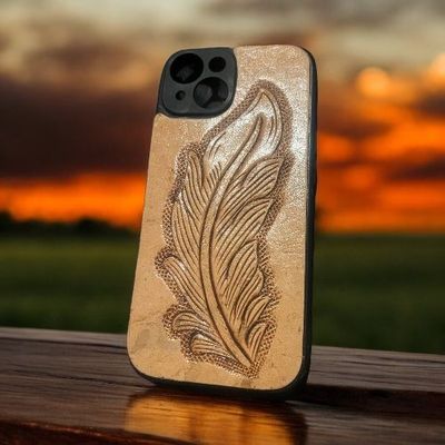 iPhone 15 case- Leather tooled feather