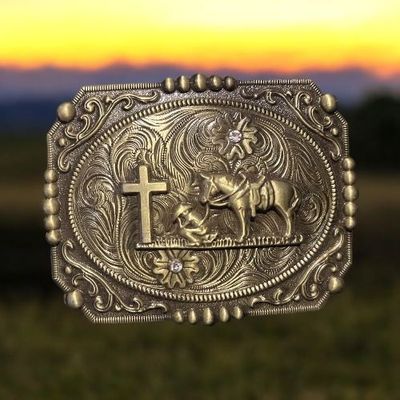 Belt buckle with horse and cross