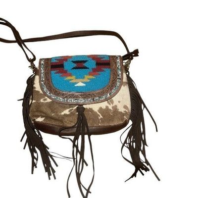 Woollen aztec handbag with cowhide and tassels