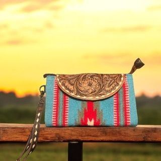 Blue aztec woollen purse with tooled leather