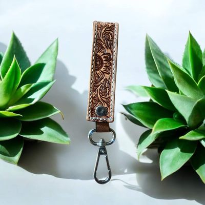 Sunflower tooled leather keyring