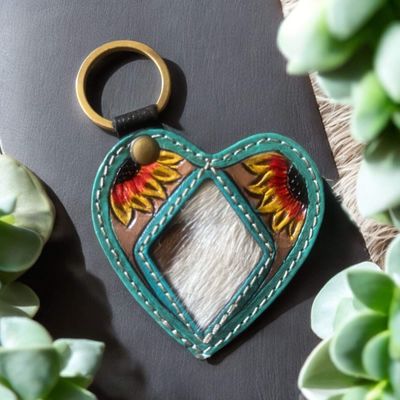 Heart keyring with tooled sunflower and cowhide