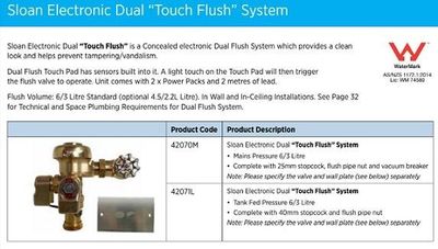 Sloan Electronic Dual &quot;Touch Flush&quot; System MAINS PRESSURE - Code: 42070M