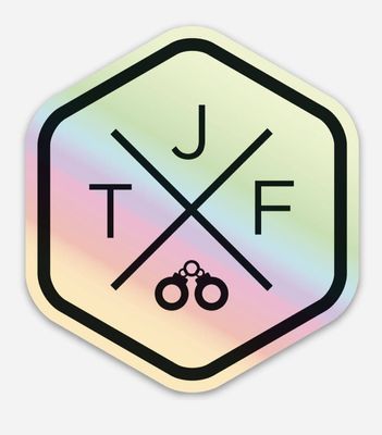 TJF Logo Holographic UV Die Cut Sticker Silver 68mm x 77mm