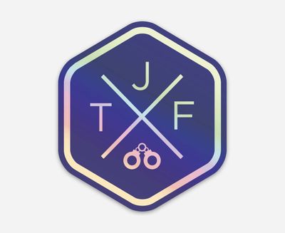 TJF Logo Holographic UV Diecut Sticker Blue 68mm x 77mm