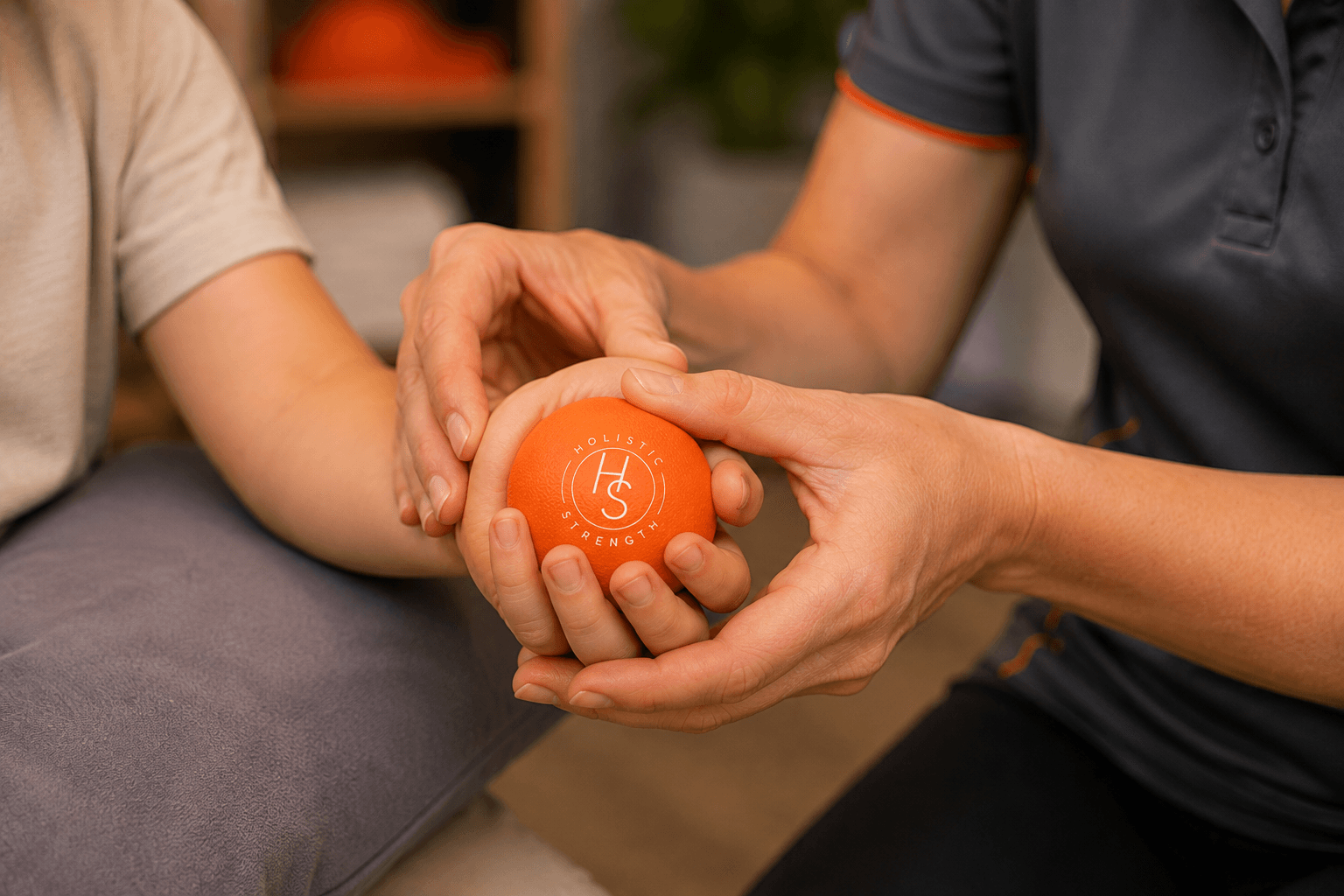 OT assisting client in holding and using a therapy ball during session