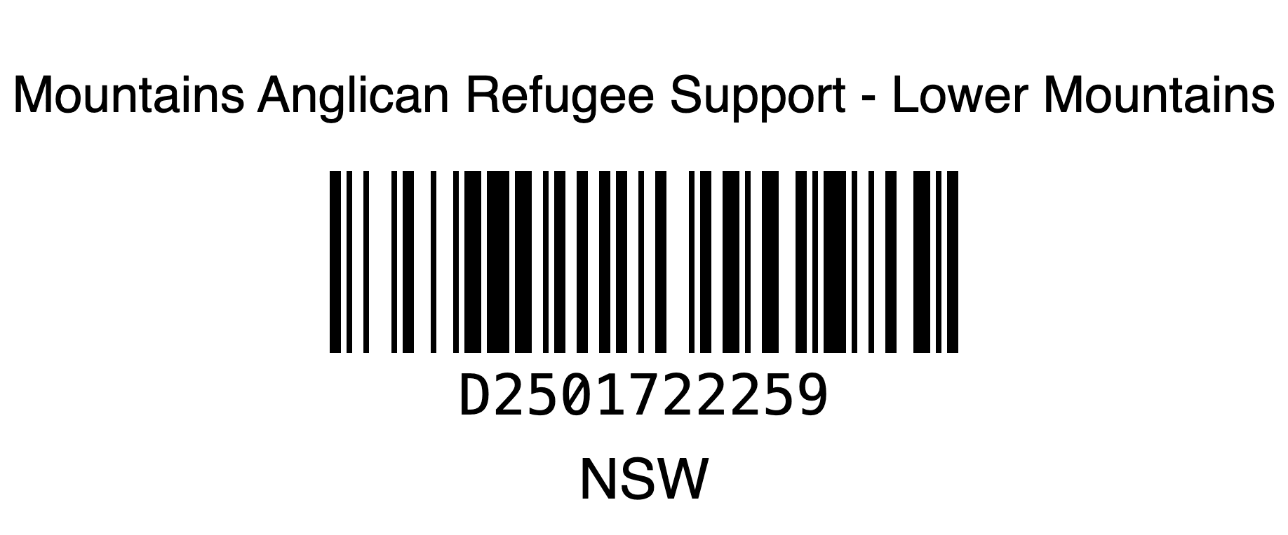 Image of the Barcode for Mountains Anglican Refugee Suport - Lower Mountains