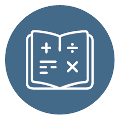 Blue curriculum icon - open book with maths symbols on it.
