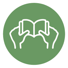 Hands on engaged learning green icon with hands holding open a book.