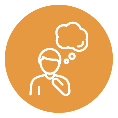 Orange Deep thinking and problem solving icon with a person and thinking bubble above them.