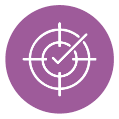 Purple targeted assessment icon with a tick inside a target.