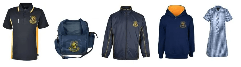 A picture of RHCS uniform items including a polo top, backpack, jacket, jumper and school dress.
