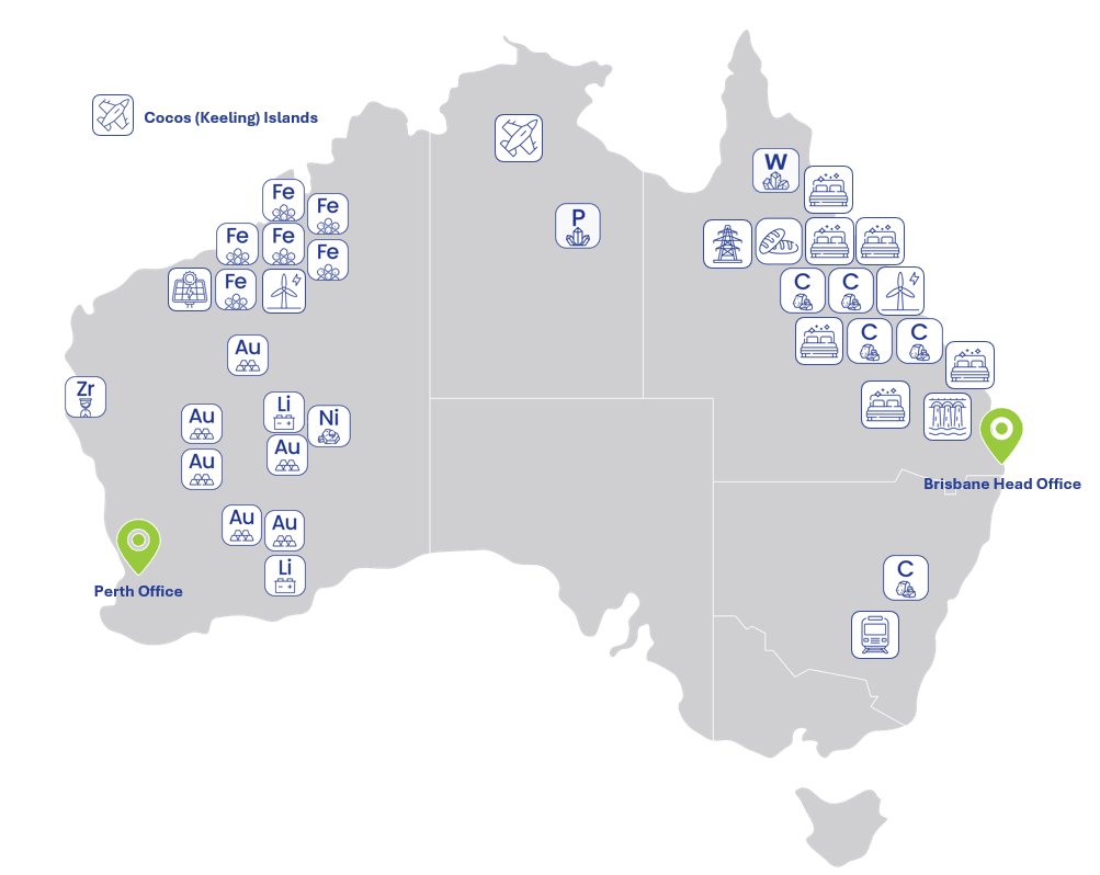 A map of Australia showing all of the locations and industries Sirrom services, as well as office locations.