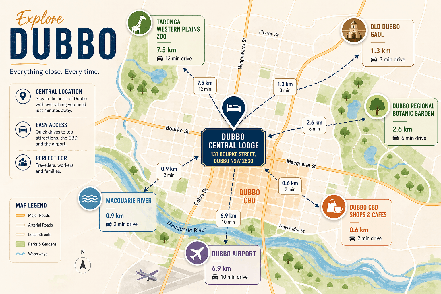 Map with all attractions around Dubbo Central Lodge