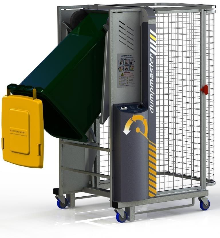 The wheelie bin tippers image, showing a metal caged Dumpmaster bin tipper