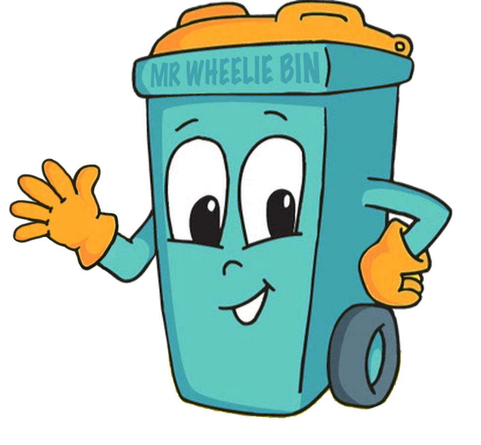 Our wheelie bin cartoon mascot, with a light teal body, and an orange lid and hands, smiling and waving