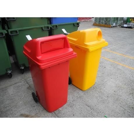 Hooded wheelie bin image, showing an all red and all yellow wheelie bins, with red and yellow hooded swing flap tops