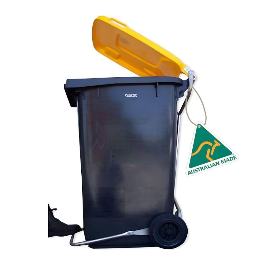 The hands-free wheelie bins image, showing a black 240L wheelie bin, with a stainless steel foot pedal, being pressed with the lid raised