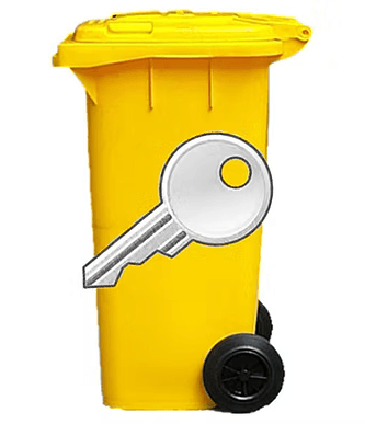 The lockable wheelie bins image, showing a yellow 120 litre wheelie bin, with a large image of a silver key in front of the bin