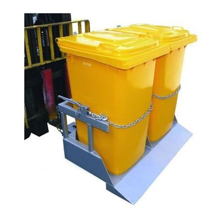 The forklift attachments image, showing an NWB-T2 forklift attachment, holding two wheelie bins in its cradle