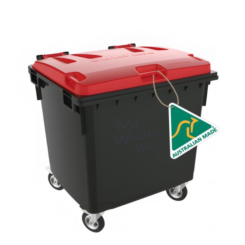 The plastic skips image, showing an 1100L four wheeled plastic skip bin, black base, red lid