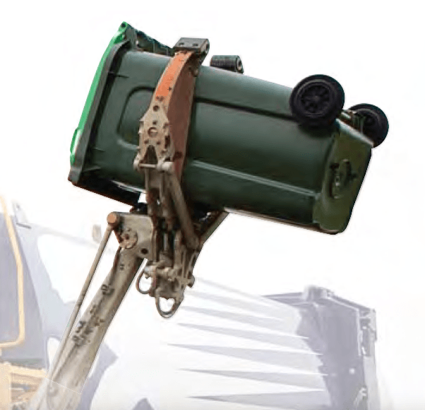 he construction category image, showing a dark green 240L KSB tough bin, being lifted by a council truck arm