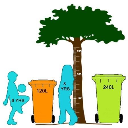 The schools category image, showing a digital drawing of different aged children next to the different height wheelie bins
