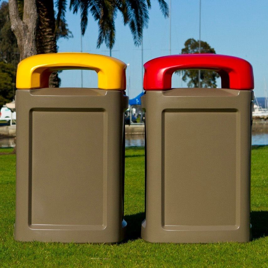 The outdoors category image, showing two plastic wheelie bin enclosures, the base is a grey bronze colour, with a red and yellow lid